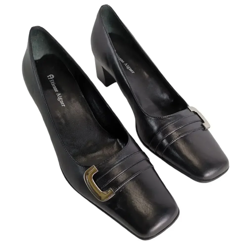 ETIENNE AIGNER Women's 8 E-Mozart Square Toe Black‎ Leather Heels Pumps Preppy
